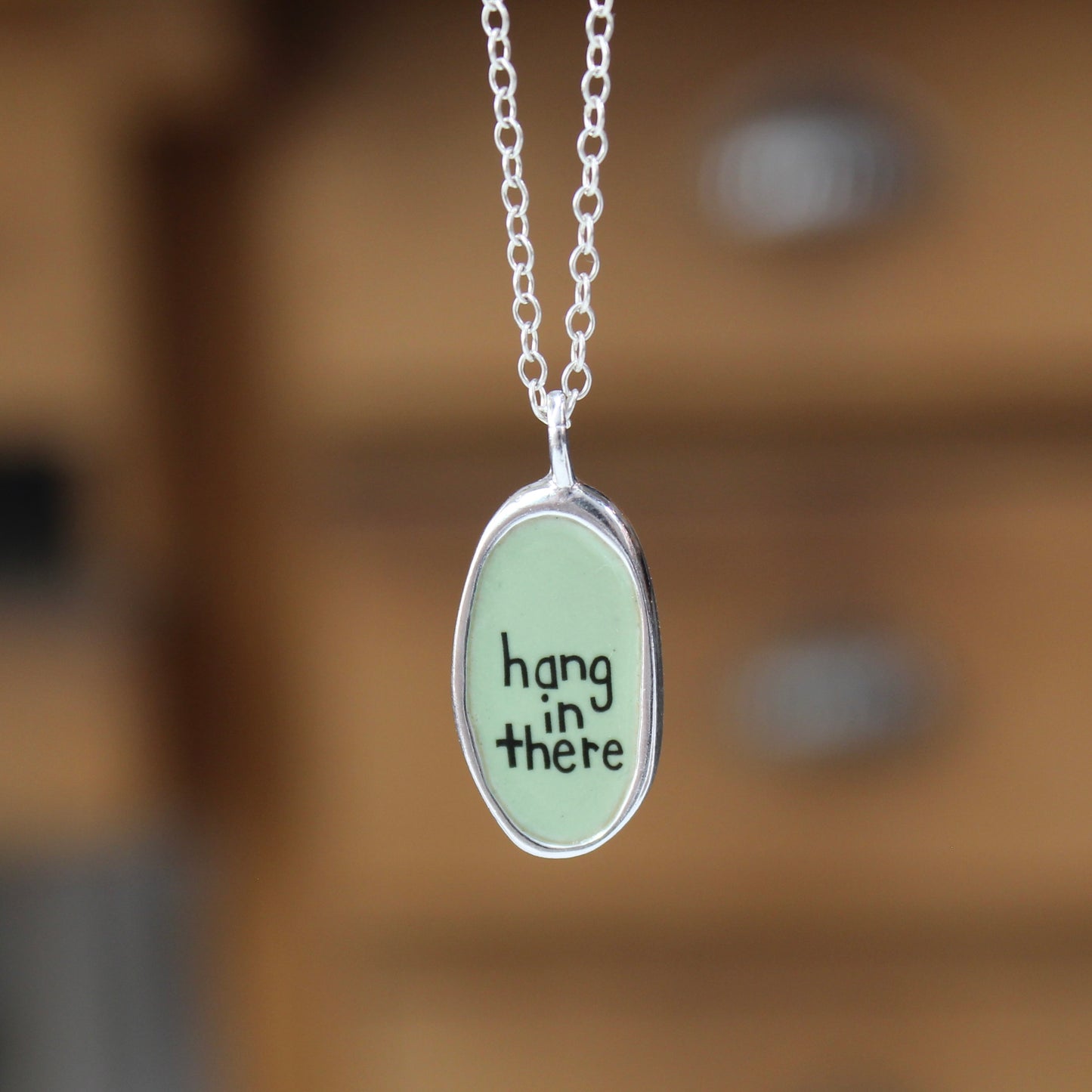 Small Reversible Hang in There Pendant - Sterling Silver and Enamel Cat Necklace for Motivation Through Tough Times