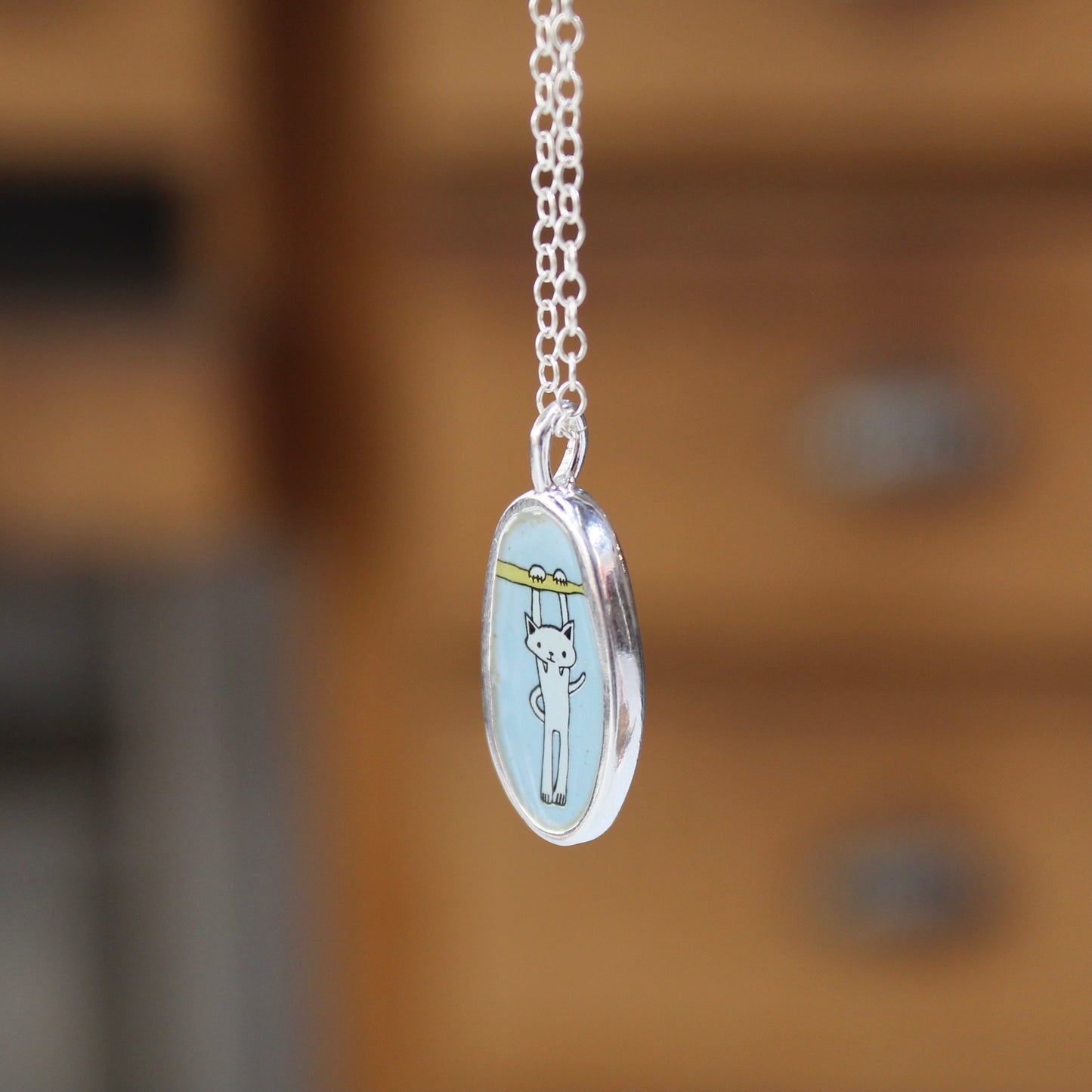 Small Reversible Hang in There Pendant - Sterling Silver and Enamel Cat Necklace for Motivation Through Tough Times
