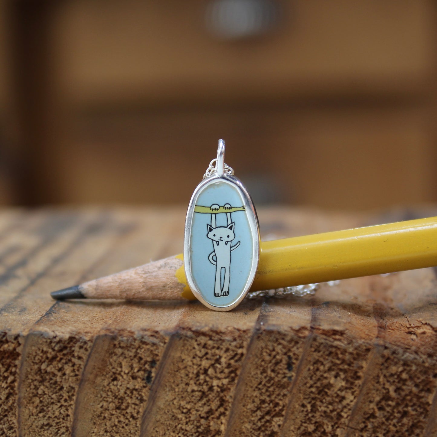 Small Reversible Hang in There Pendant - Sterling Silver and Enamel Cat Necklace for Motivation Through Tough Times