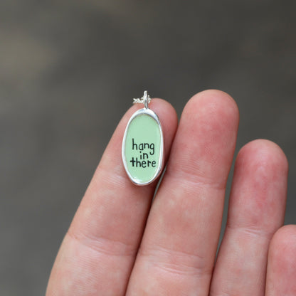 Small Reversible Hang in There Pendant - Sterling Silver and Enamel Cat Necklace for Motivation Through Tough Times
