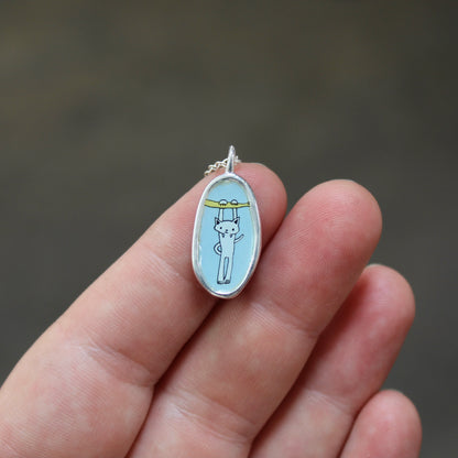 Small Reversible Hang in There Pendant - Sterling Silver and Enamel Cat Necklace for Motivation Through Tough Times