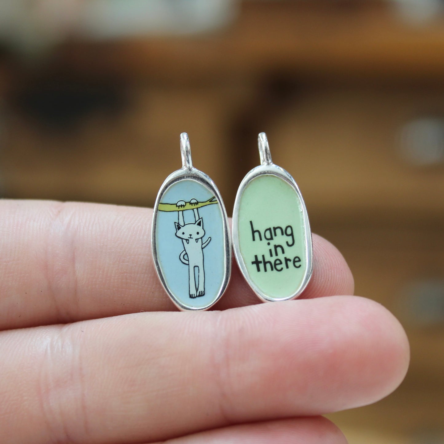 Small Reversible Hang in There Pendant - Sterling Silver and Enamel Cat Necklace for Motivation Through Tough Times