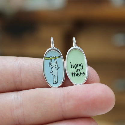 Small Reversible Hang in There Pendant - Sterling Silver and Enamel Cat Necklace for Motivation Through Tough Times