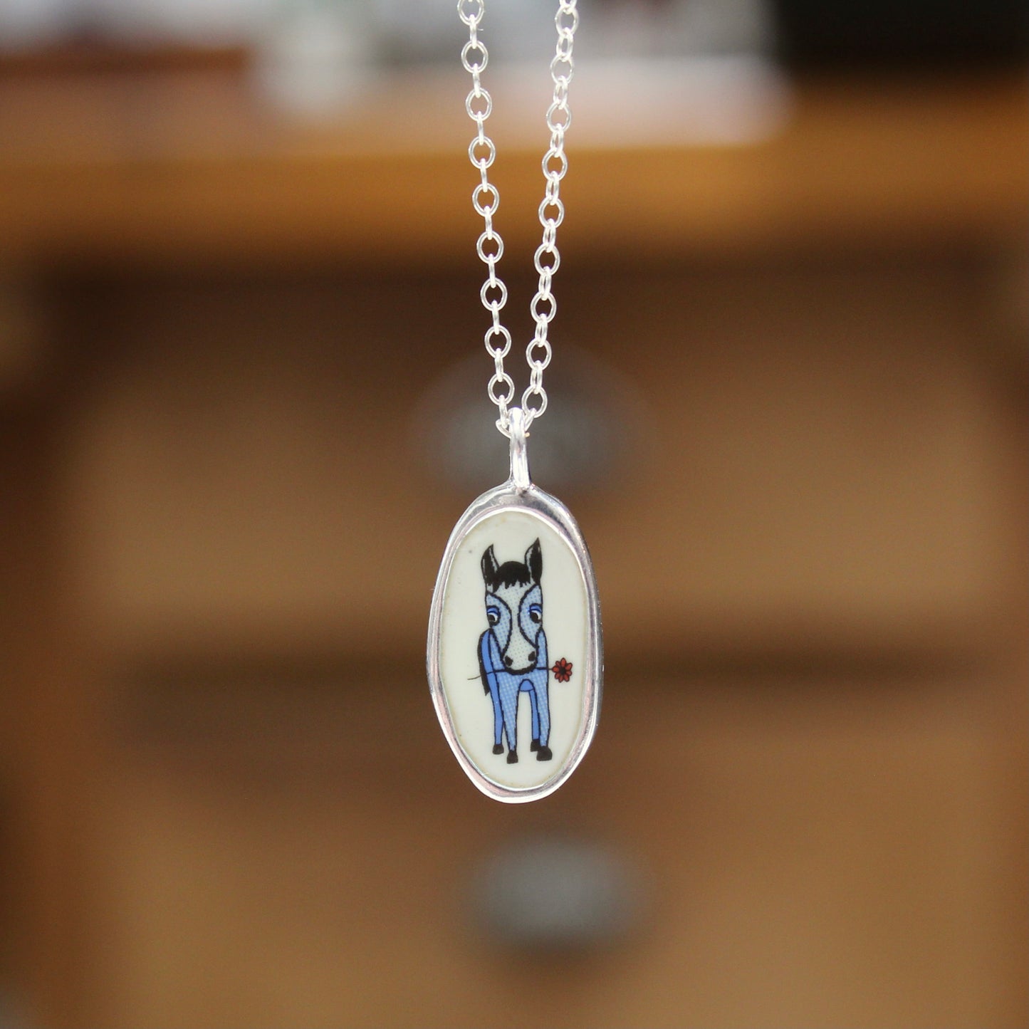 Reversible Oval Lucky Horse Necklace - Sterling Silver and Enamel Horse Pendant on Adjustable Chain