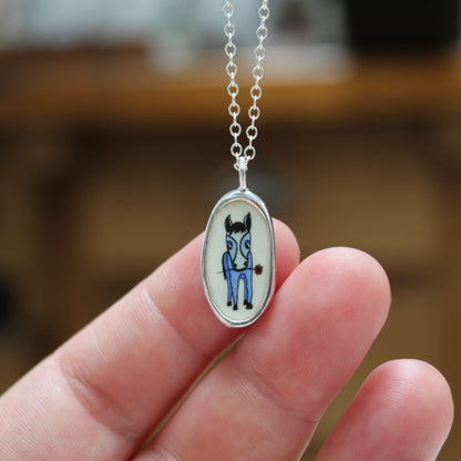 Reversible Oval Lucky Horse Necklace - Sterling Silver and Enamel Horse Pendant on Adjustable Chain