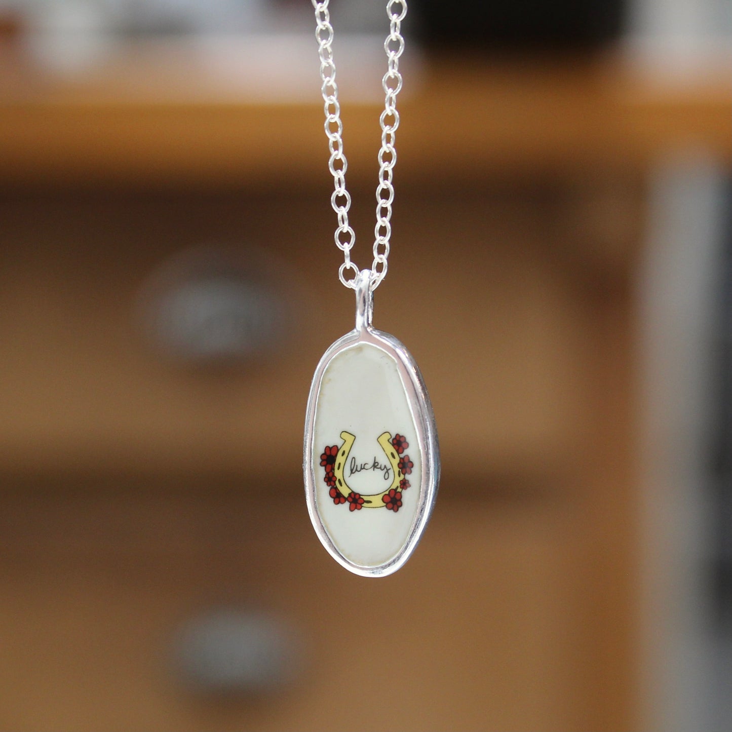 Reversible Oval Lucky Horse Necklace - Sterling Silver and Enamel Horse Pendant on Adjustable Chain