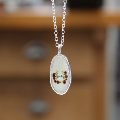 Reversible Oval Lucky Horse Necklace - Sterling Silver and Enamel Horse Pendant on Adjustable Chain