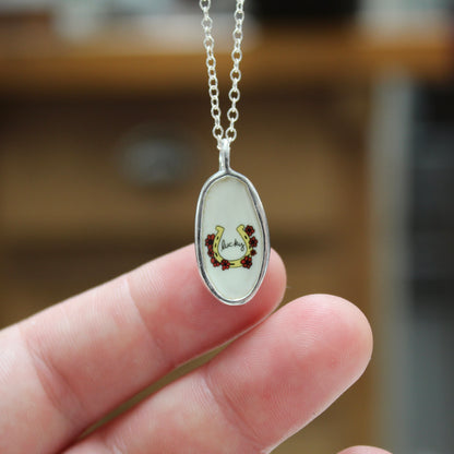 Reversible Oval Lucky Horse Necklace - Sterling Silver and Enamel Horse Pendant on Adjustable Chain