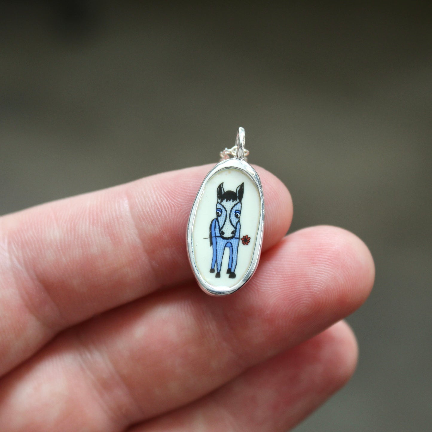 Reversible Oval Lucky Horse Necklace - Sterling Silver and Enamel Horse Pendant on Adjustable Chain