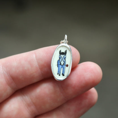 Reversible Oval Lucky Horse Necklace - Sterling Silver and Enamel Horse Pendant on Adjustable Chain