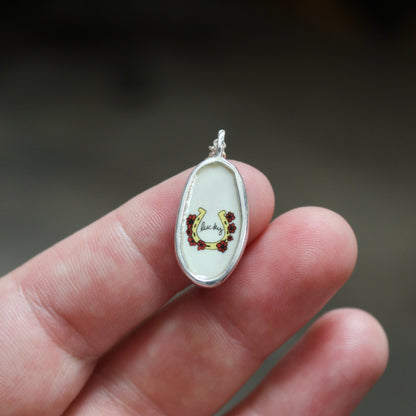 Reversible Oval Lucky Horse Necklace - Sterling Silver and Enamel Horse Pendant on Adjustable Chain