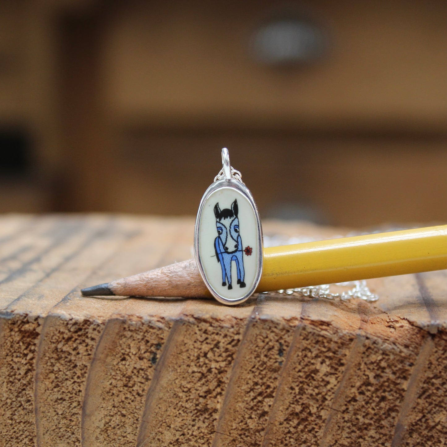 Reversible Oval Lucky Horse Necklace - Sterling Silver and Enamel Horse Pendant on Adjustable Chain