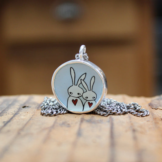 Bunny BFFs Reversible Enamel Necklace - Enamel and Sterling Pendant on Stainless Chain