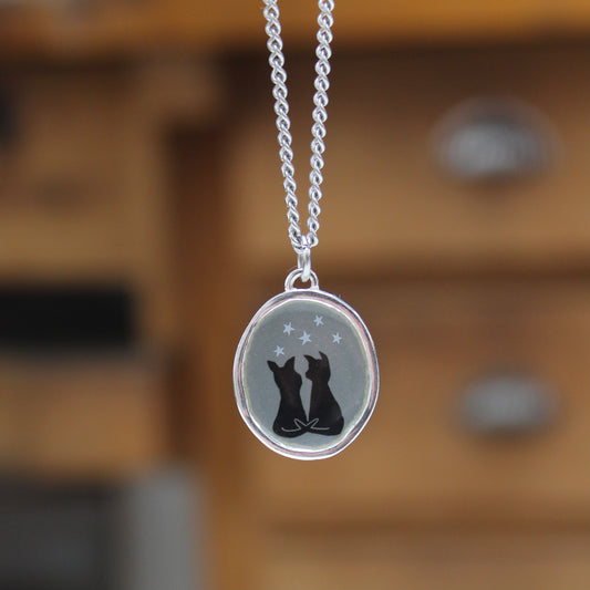 Dogs Under a Starry Night Sky Necklace - Sterling Silver and Enamel Pendant on 24" Stainless Steel Curb Chain
