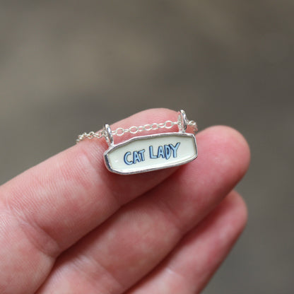 Reversible Cat Lady Necklace - Sterling Silver and Enamel Necklace on Adjustable Chain