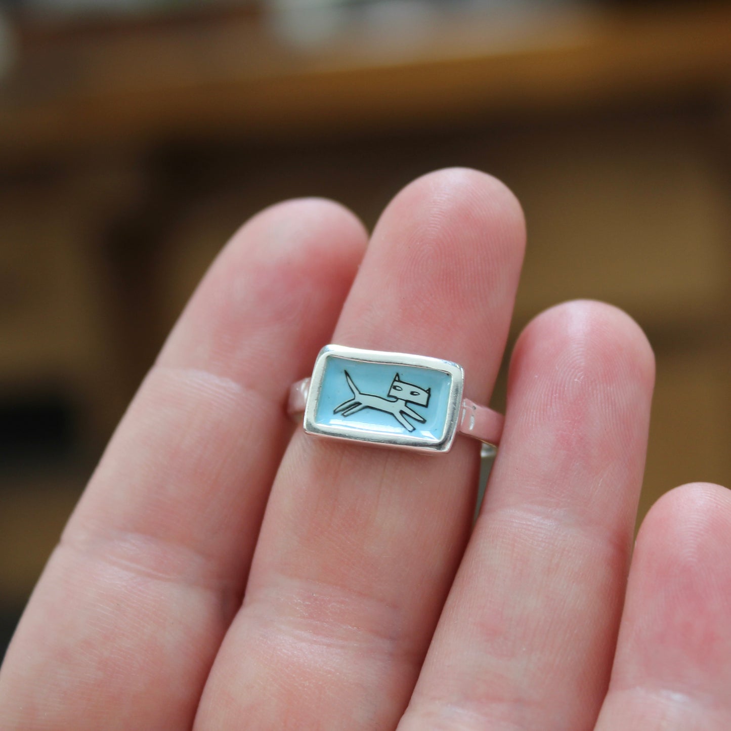 Jumping Cat Stacker Ring in Blue Enamel and Sterling Silver