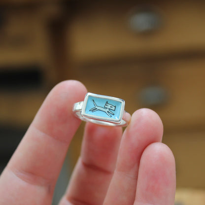Jumping Cat Stacker Ring in Blue Enamel and Sterling Silver