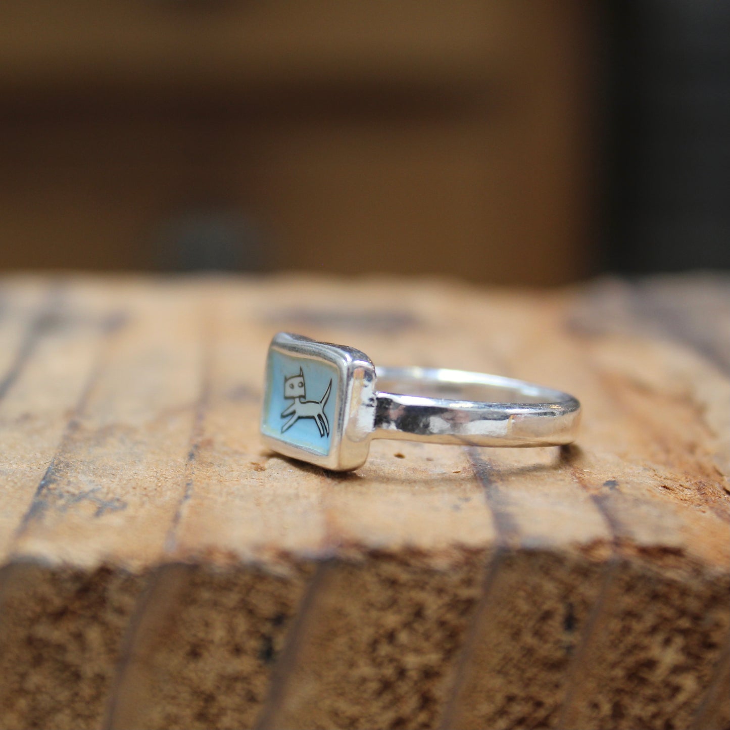 Jumping Cat Stacker Ring in Blue Enamel and Sterling Silver