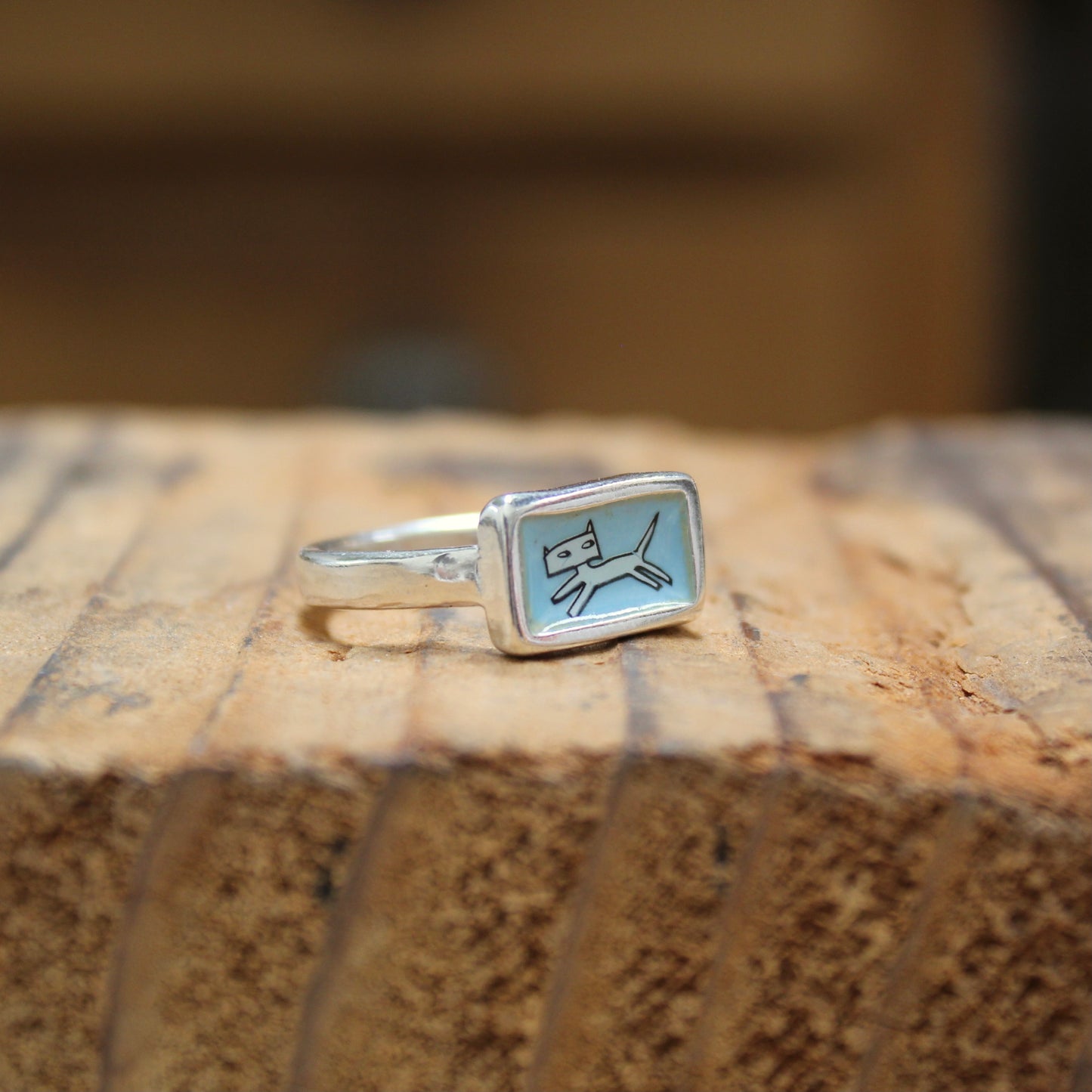 Jumping Cat Stacker Ring in Blue Enamel and Sterling Silver