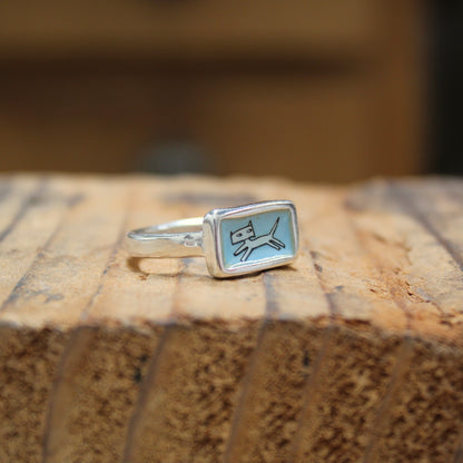 Jumping Cat Stacker Ring in Blue Enamel and Sterling Silver