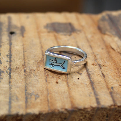 Jumping Cat Stacker Ring in Blue Enamel and Sterling Silver