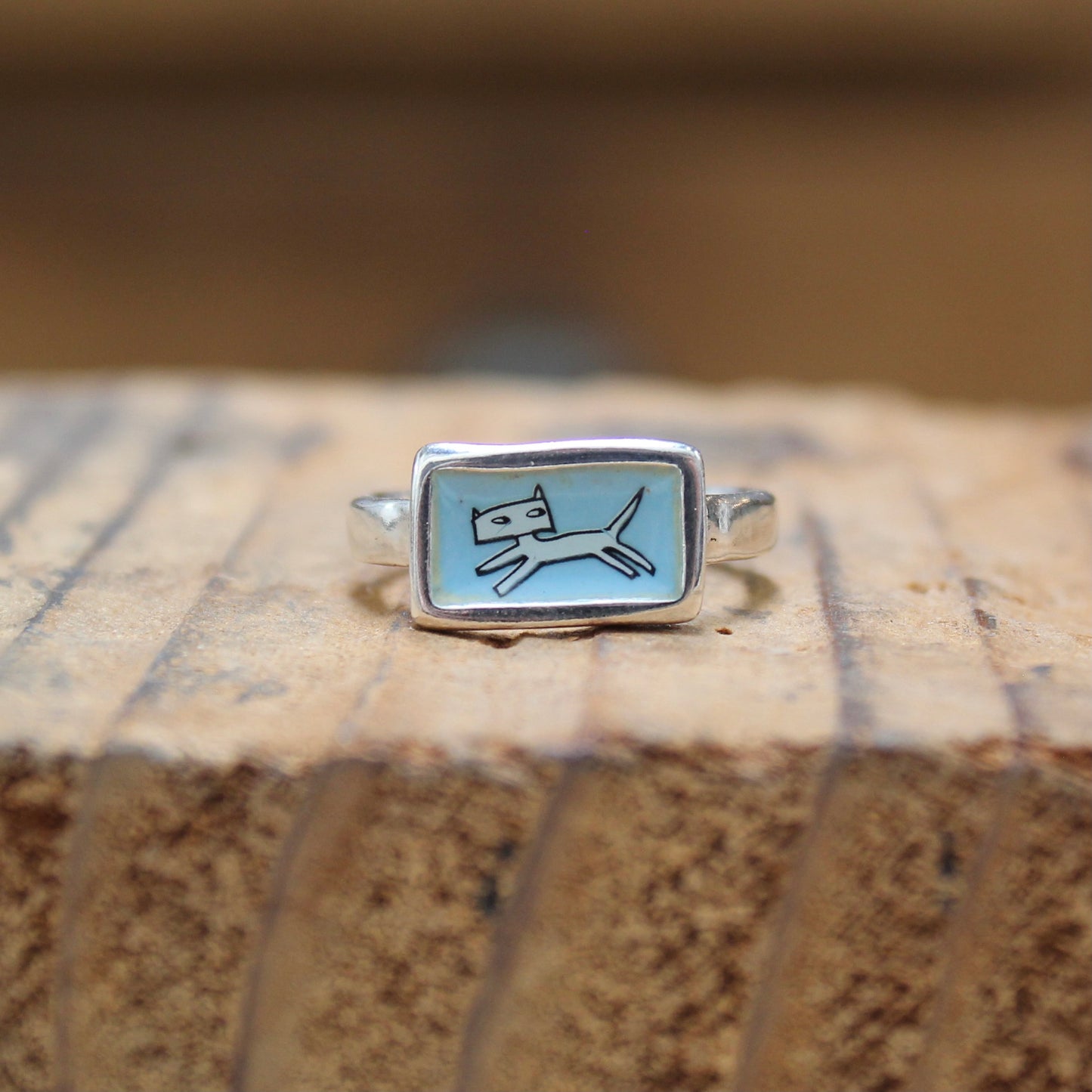 Jumping Cat Stacker Ring in Blue Enamel and Sterling Silver
