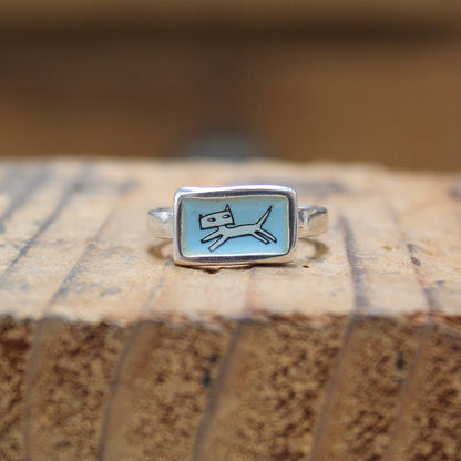 Jumping Cat Stacker Ring in Blue Enamel and Sterling Silver