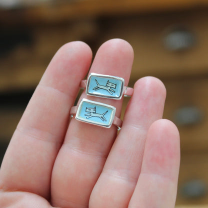 Jumping Cat Stacker Ring in Blue Enamel and Sterling Silver