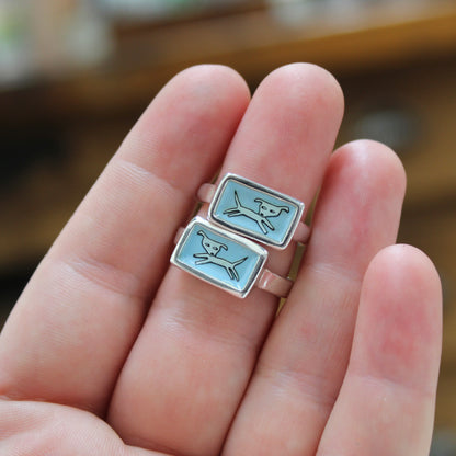Jumping Dog Stacker Ring in Blue Enamel and Sterling Silver