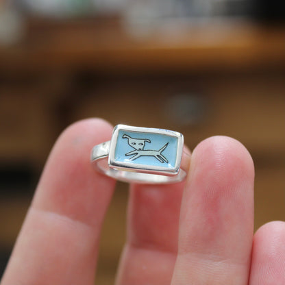 Jumping Dog Stacker Ring in Blue Enamel and Sterling Silver