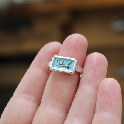 Jumping Dog Stacker Ring in Blue Enamel and Sterling Silver