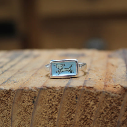 Jumping Dog Stacker Ring in Blue Enamel and Sterling Silver