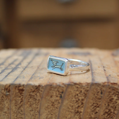 Jumping Dog Stacker Ring in Blue Enamel and Sterling Silver