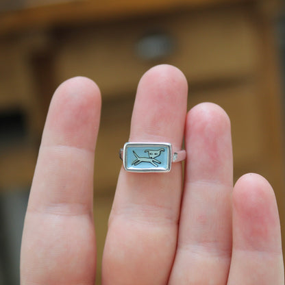 Jumping Dog Stacker Ring in Blue Enamel and Sterling Silver