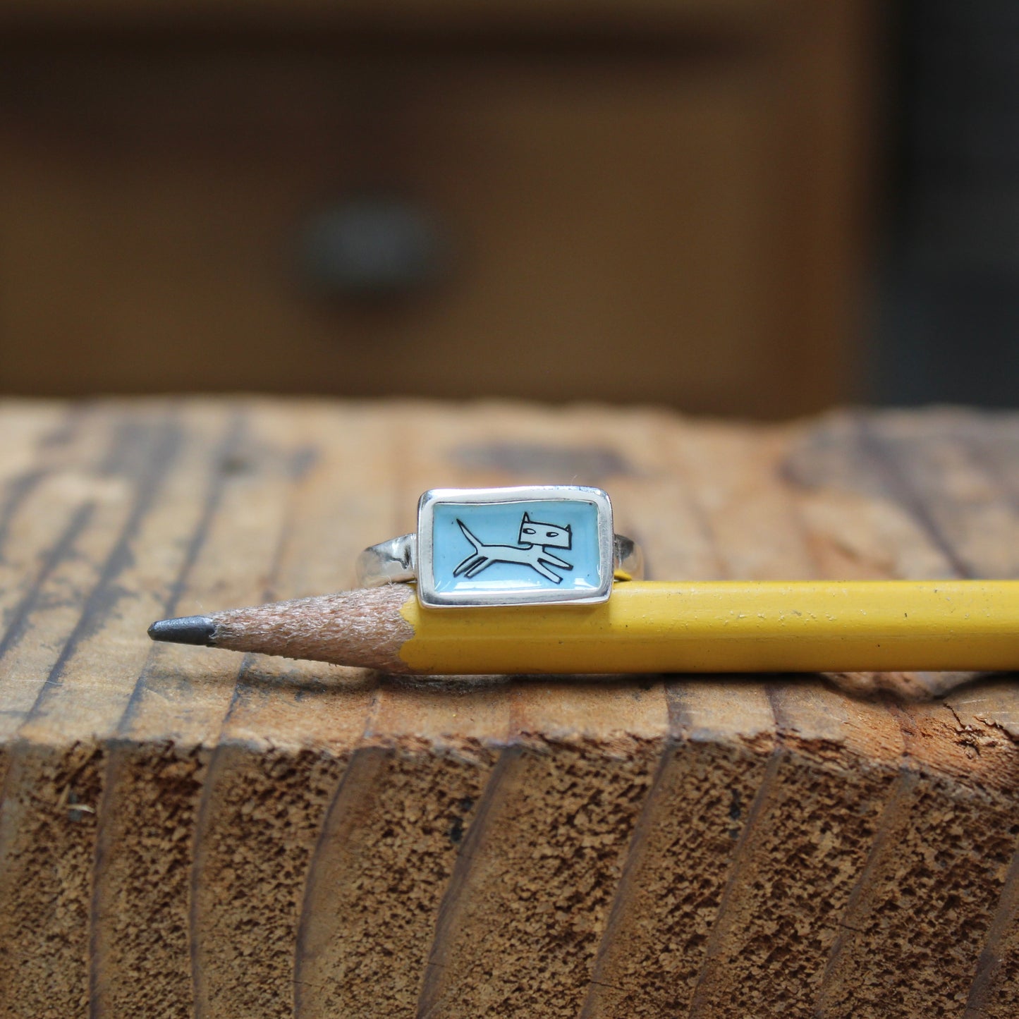 Jumping Cat Stacker Ring in Blue Enamel and Sterling Silver