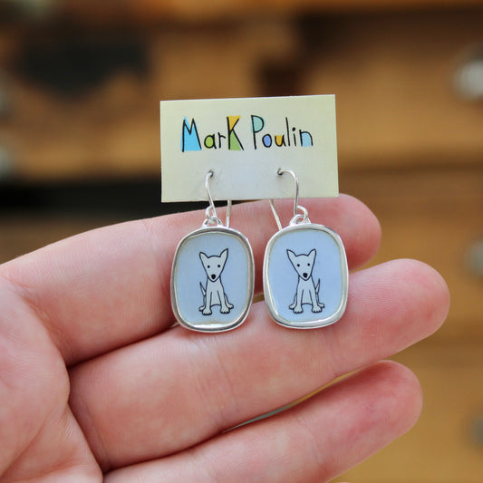 Very Good Dog Earrings - Sterling Silver and Enamel Dangle Earrings on French Hook Wires