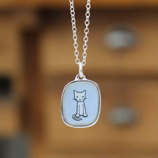 Good Kitty Enamel Necklace - Sterling Silver and Enamel Pendant on Adjustable Chain