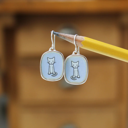 Good Kitty Earrings - Sterling Silver and Enamel Dangle Earrings on French Hook Wires