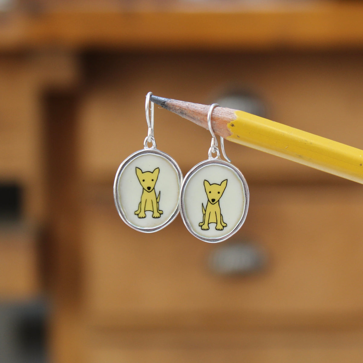 Yellow Dog Earrings in Sterling Silver and Enamel