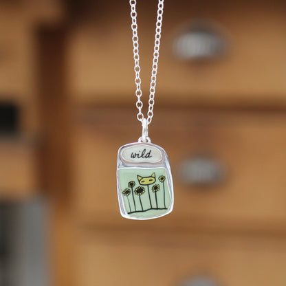 Wild Flower Cat Pendant Necklace in Green Enamel and Sterling Silver