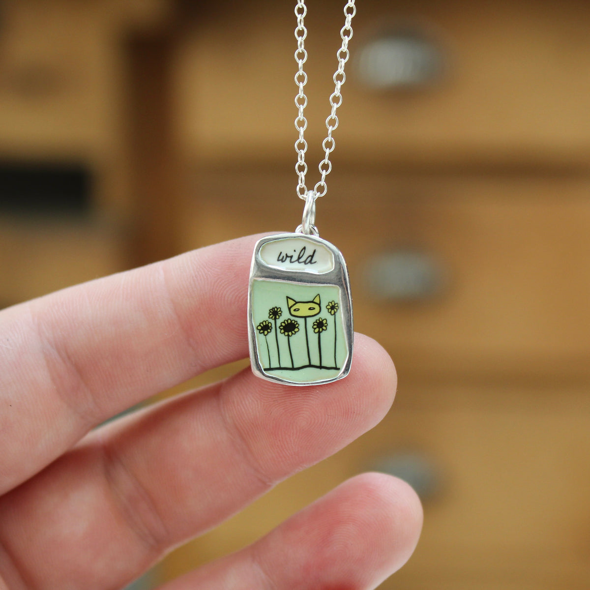 Wild Flower Cat Pendant Necklace in Green Enamel and Sterling Silver