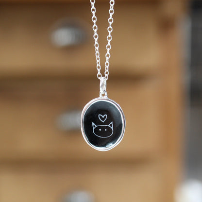 Black and White Cat Necklace in Sterling Silver and Enamel