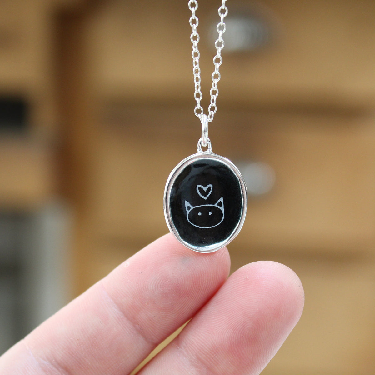 Black and White Cat Necklace in Sterling Silver and Enamel