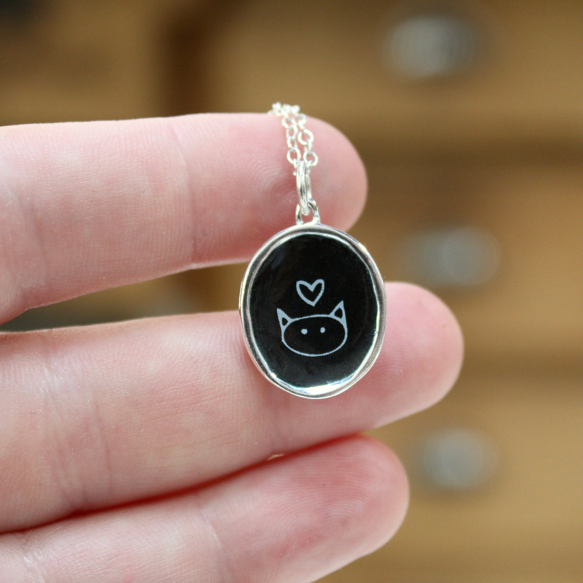 Black and White Cat Necklace in Sterling Silver and Enamel