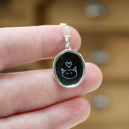 Black and White Cat Necklace in Sterling Silver and Enamel