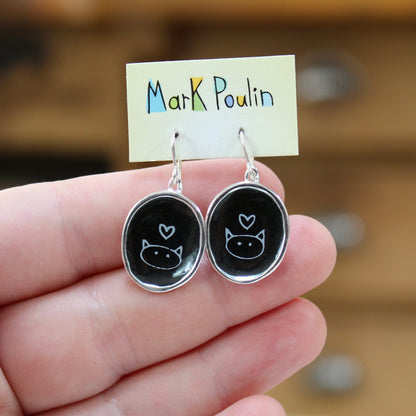 Black and White Cat Earrings in Sterling Silver and Enamel