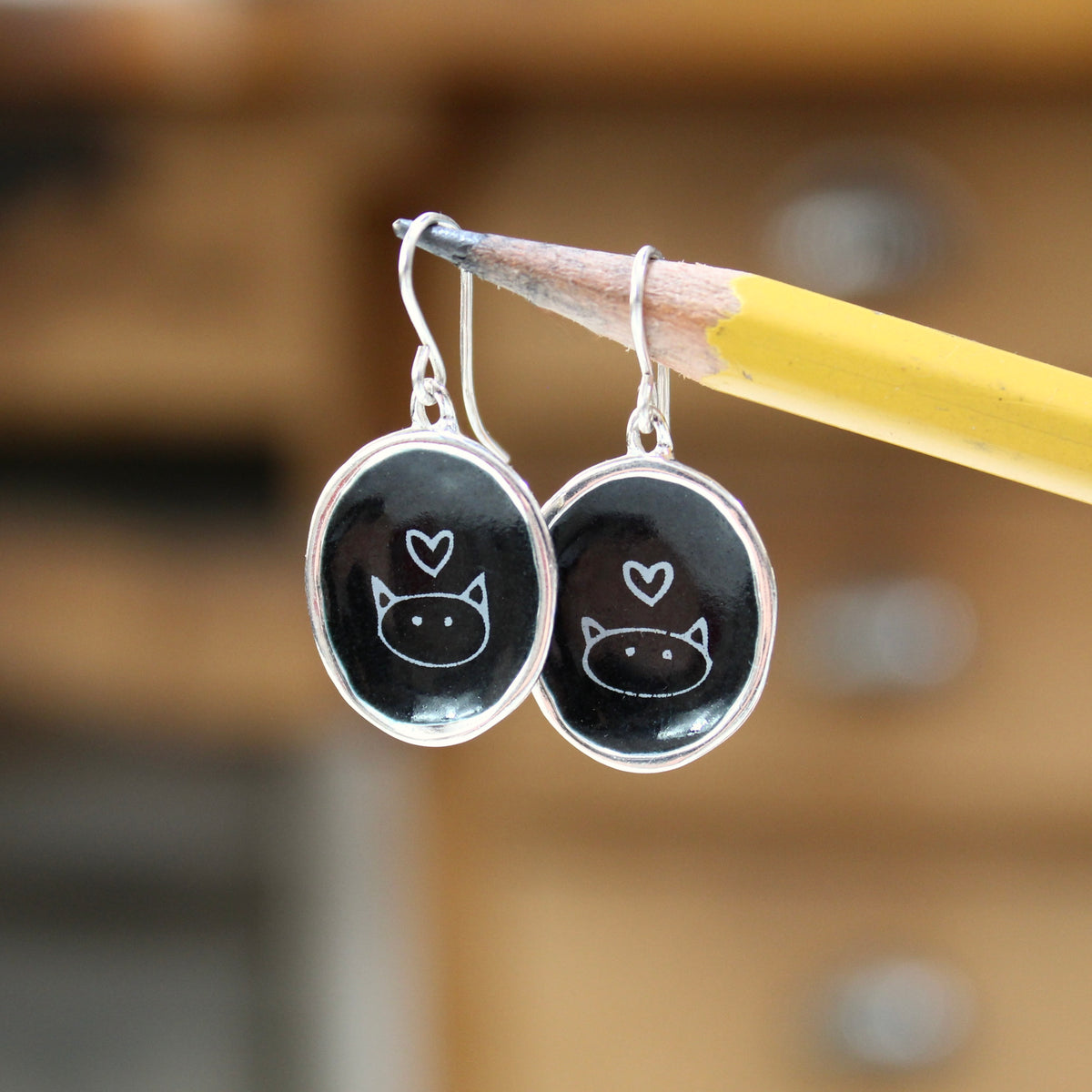 Black and White Cat Earrings in Sterling Silver and Enamel