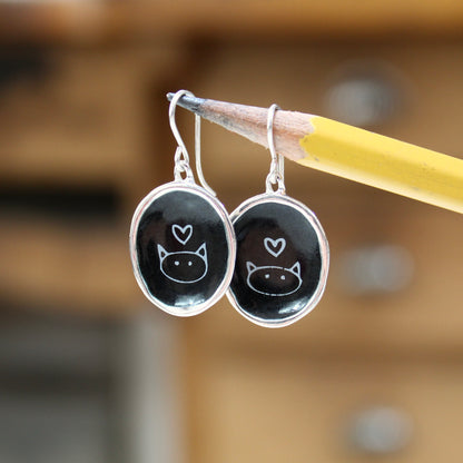 Black and White Cat Earrings in Sterling Silver and Enamel