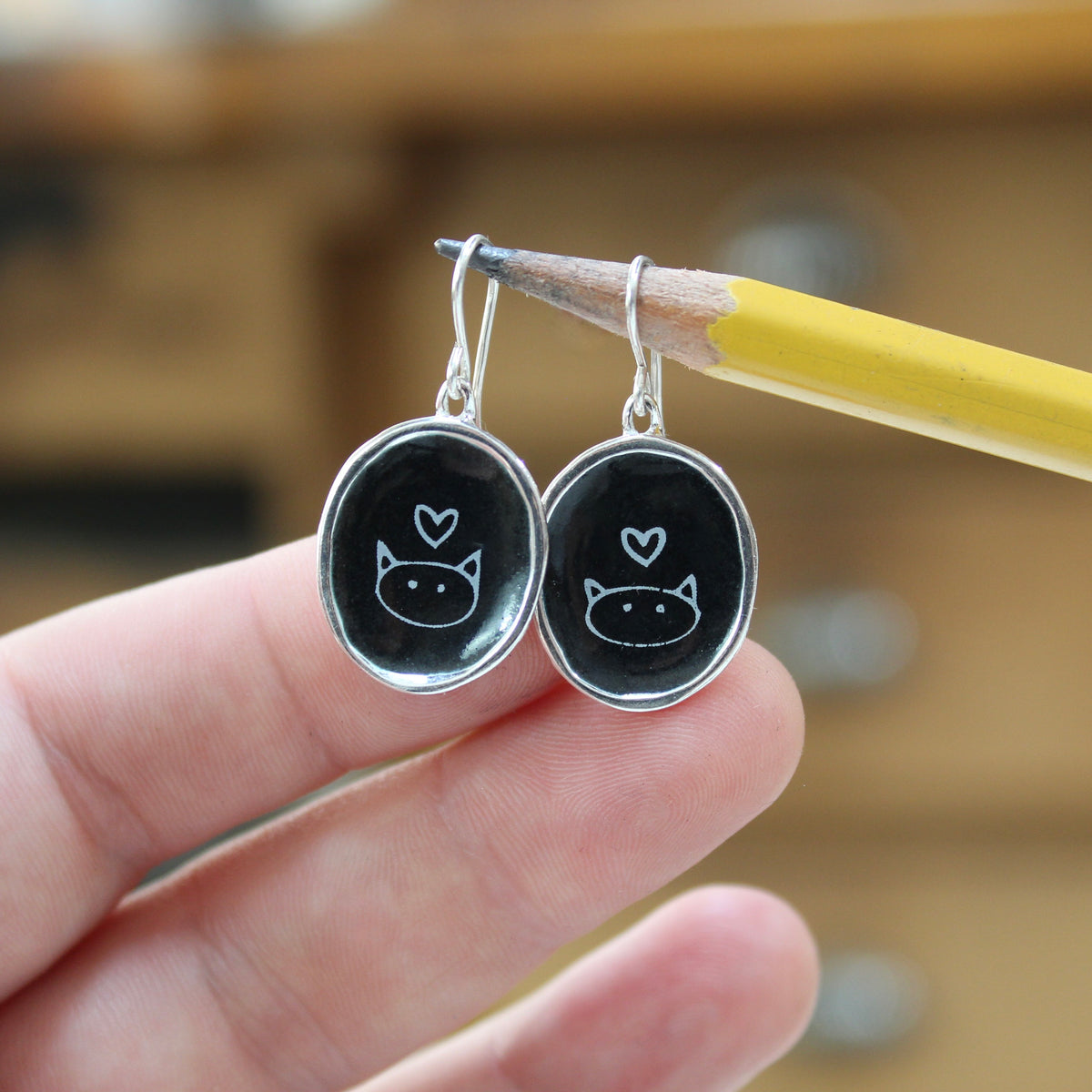 Black and White Cat Earrings in Sterling Silver and Enamel