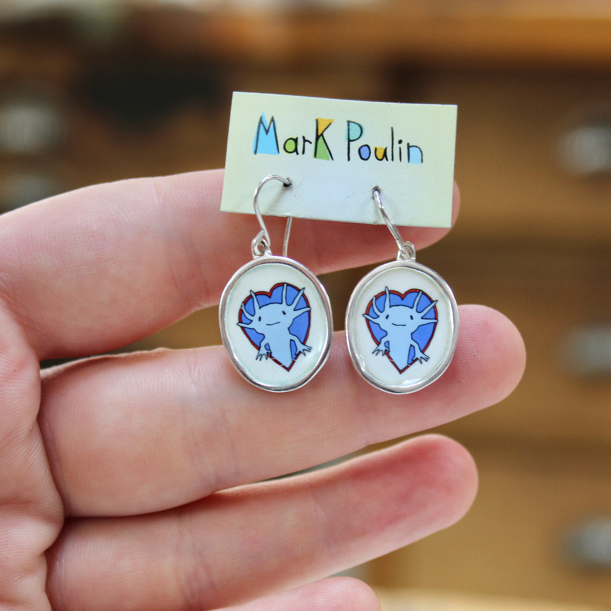 Blue Axolotl Earrings in Sterling Silver and Vitreous Enamel